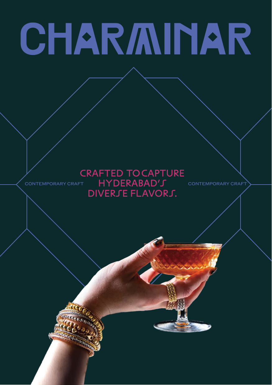Hyderabadi hand, stacked bangles, cradling a diamond-cut coupe glass — Charminar hospitality